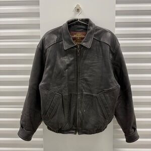 Vintage Global Identity G-III Mens Black Leather Bomber Jacket Size M Distressed